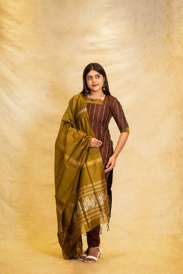 Thira Coffee Brown & Olive Green Dupatta – Silk Cotton with Lining
