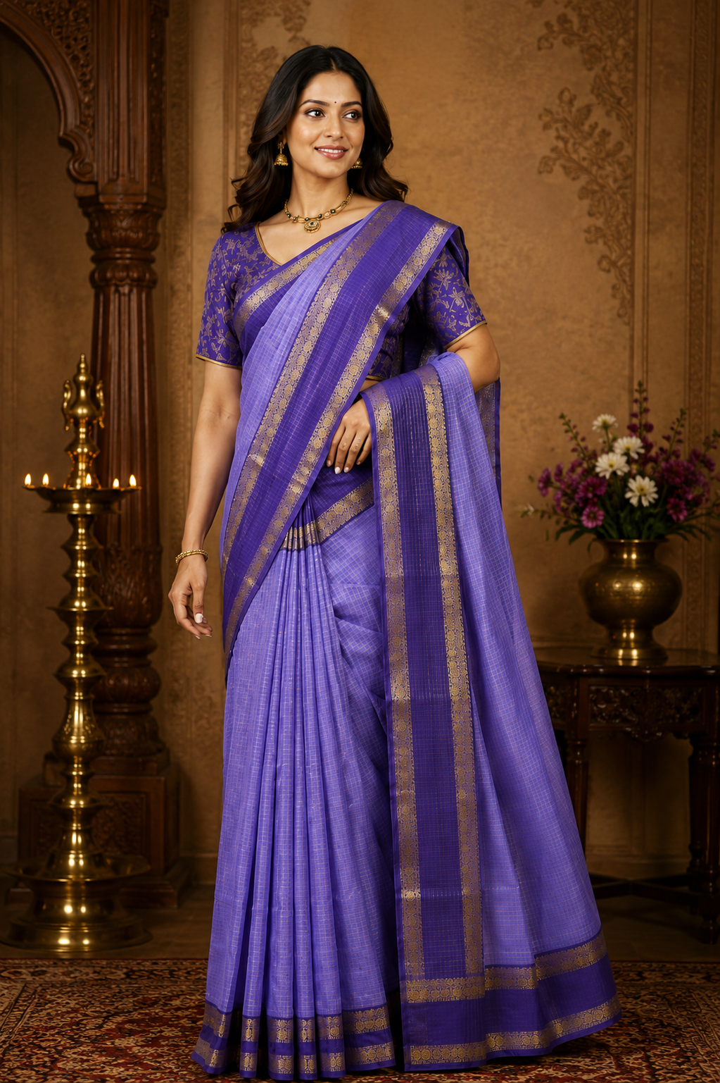 Synthetic print saree in royal purple