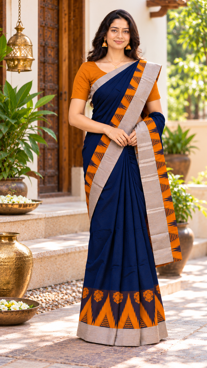 Mathi Royal Navy Blue & Rust Orange Cotton Saree with Temple Border