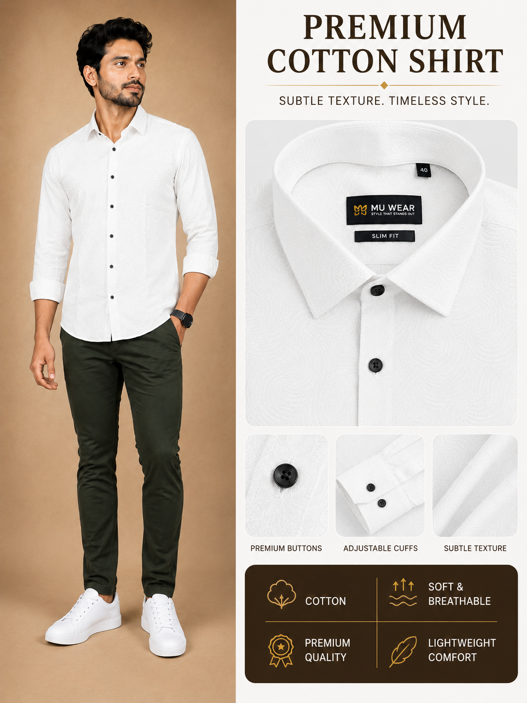 Men's full sleeve cotton shirt in white with spiral pattern