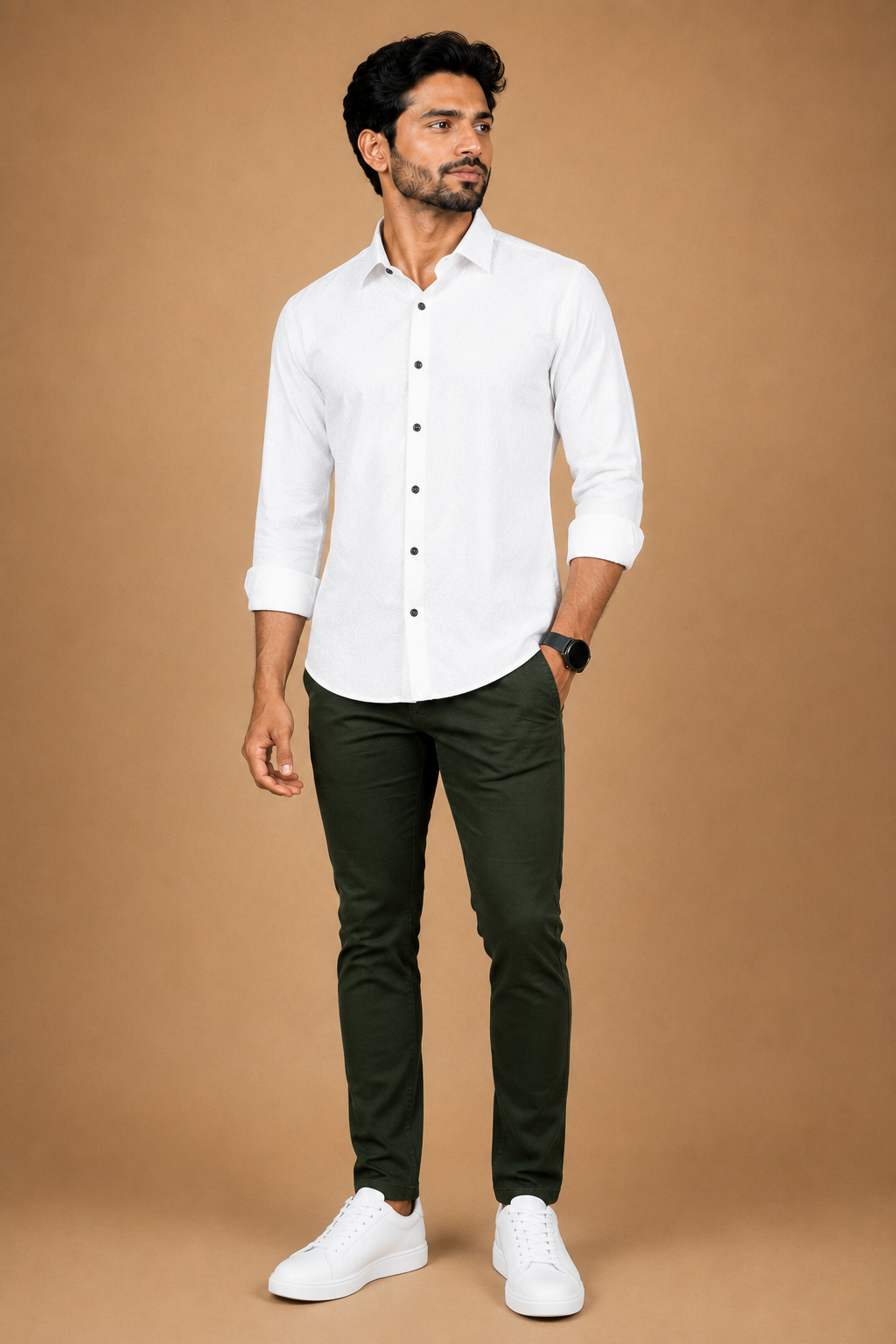 Men's full sleeve cotton shirt in white with spiral pattern