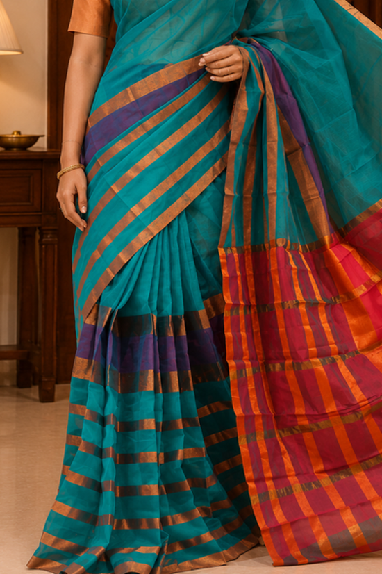 Dark sky blue silk cotton saree