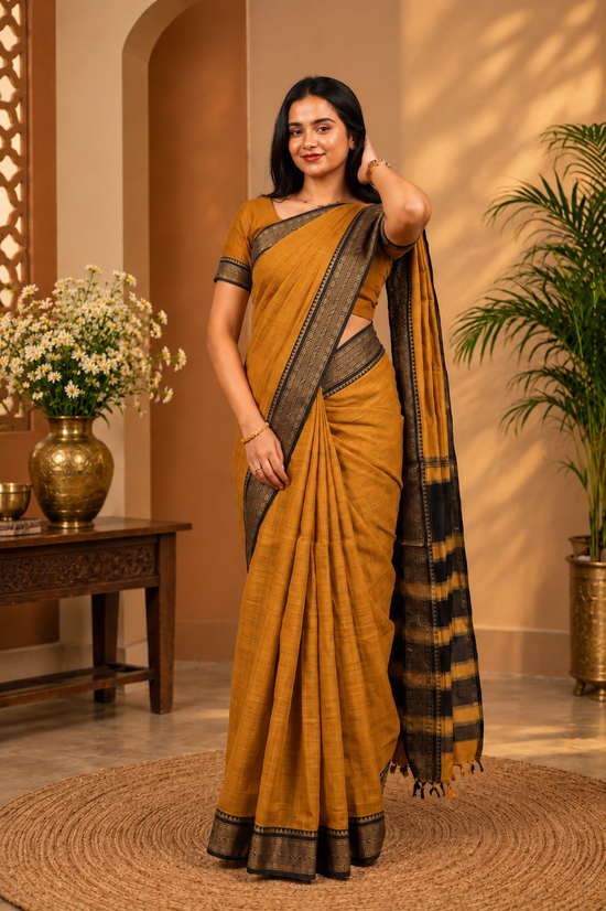 Kadal meengal Karaikudi cotton saree in dark amber