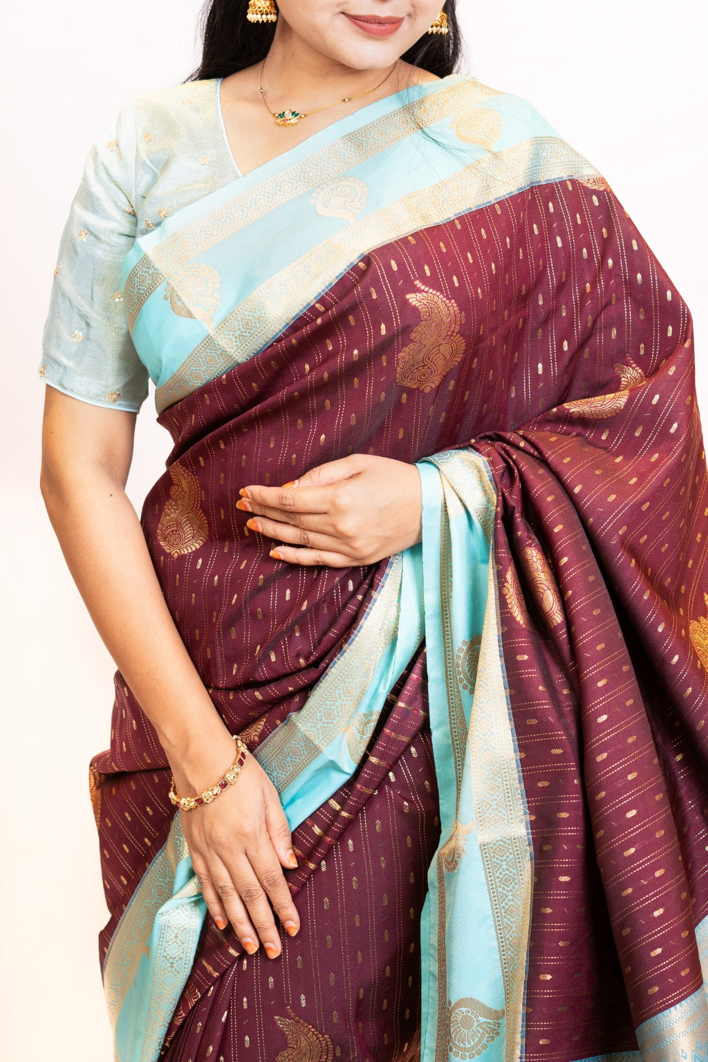 Black Cherry Art Silk Saree with Mint Teal Border