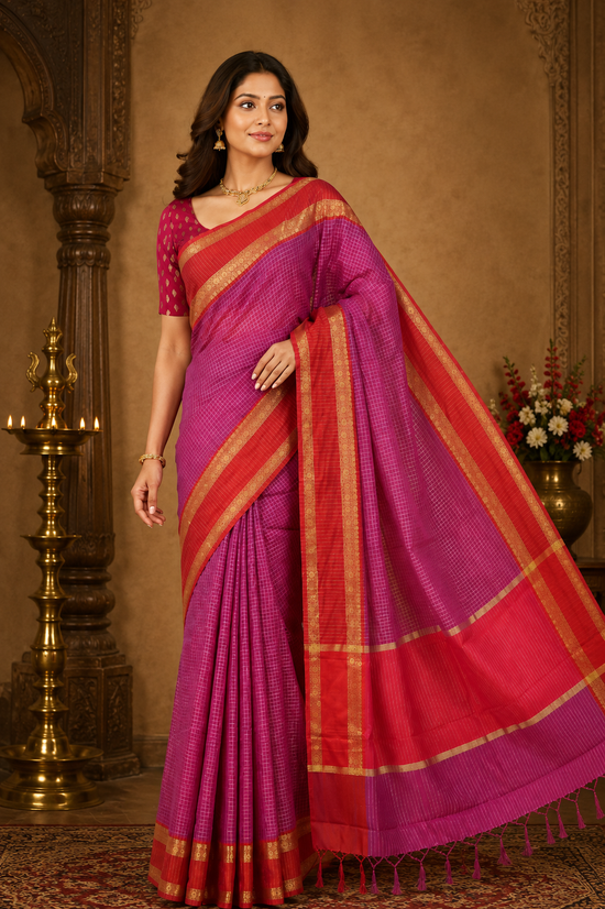 Synthetic print saree in magenta