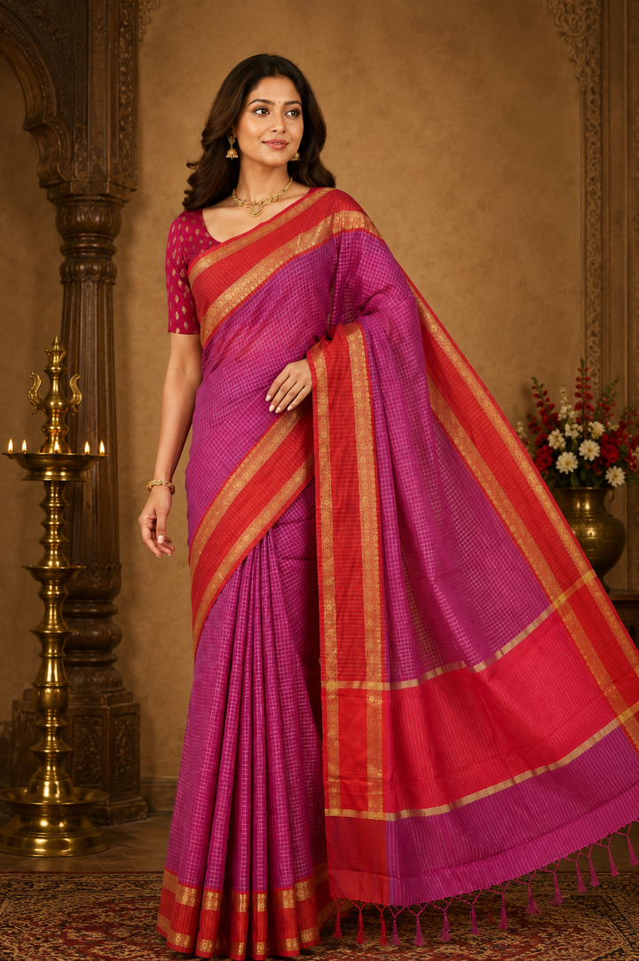 Synthetic print saree in magenta