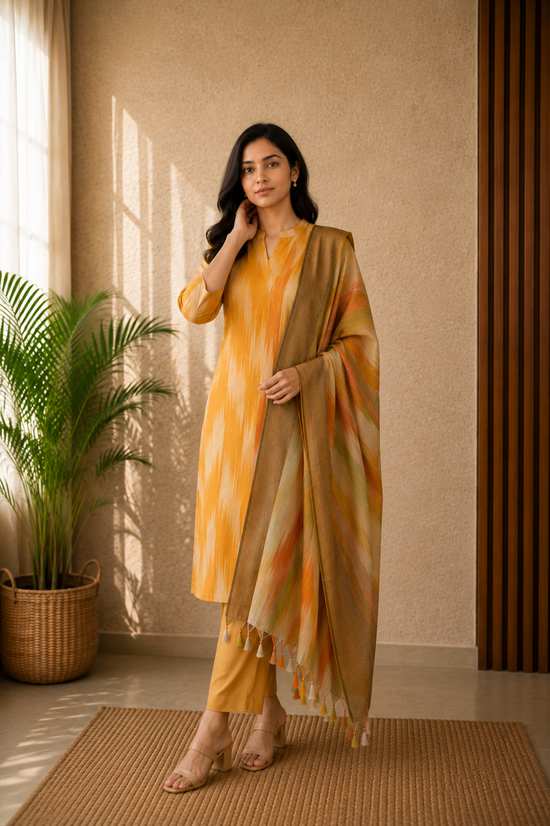 Shruti handloom cotton salwar set in mustard yellow