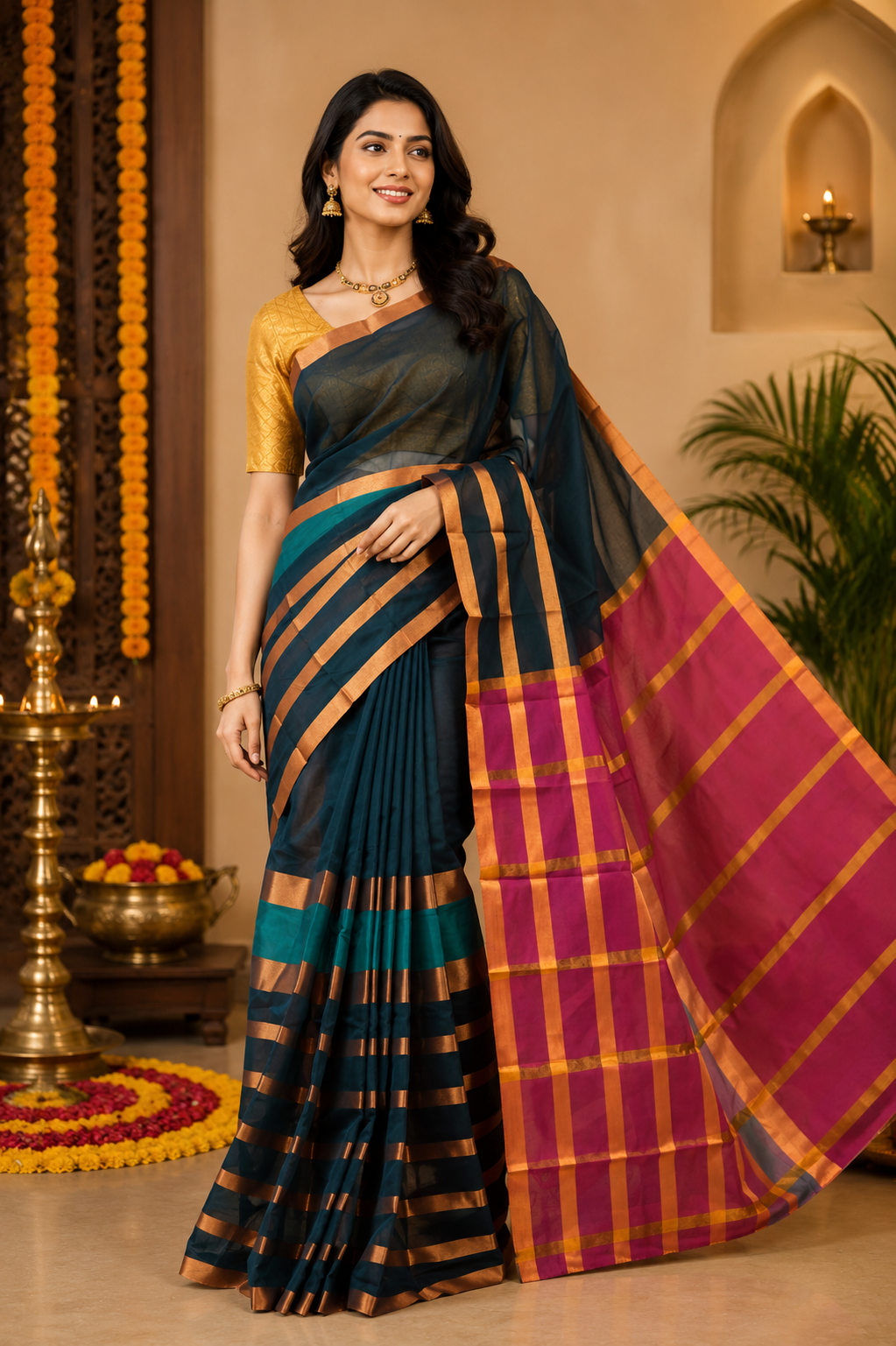 Dark teal silk cotton saree