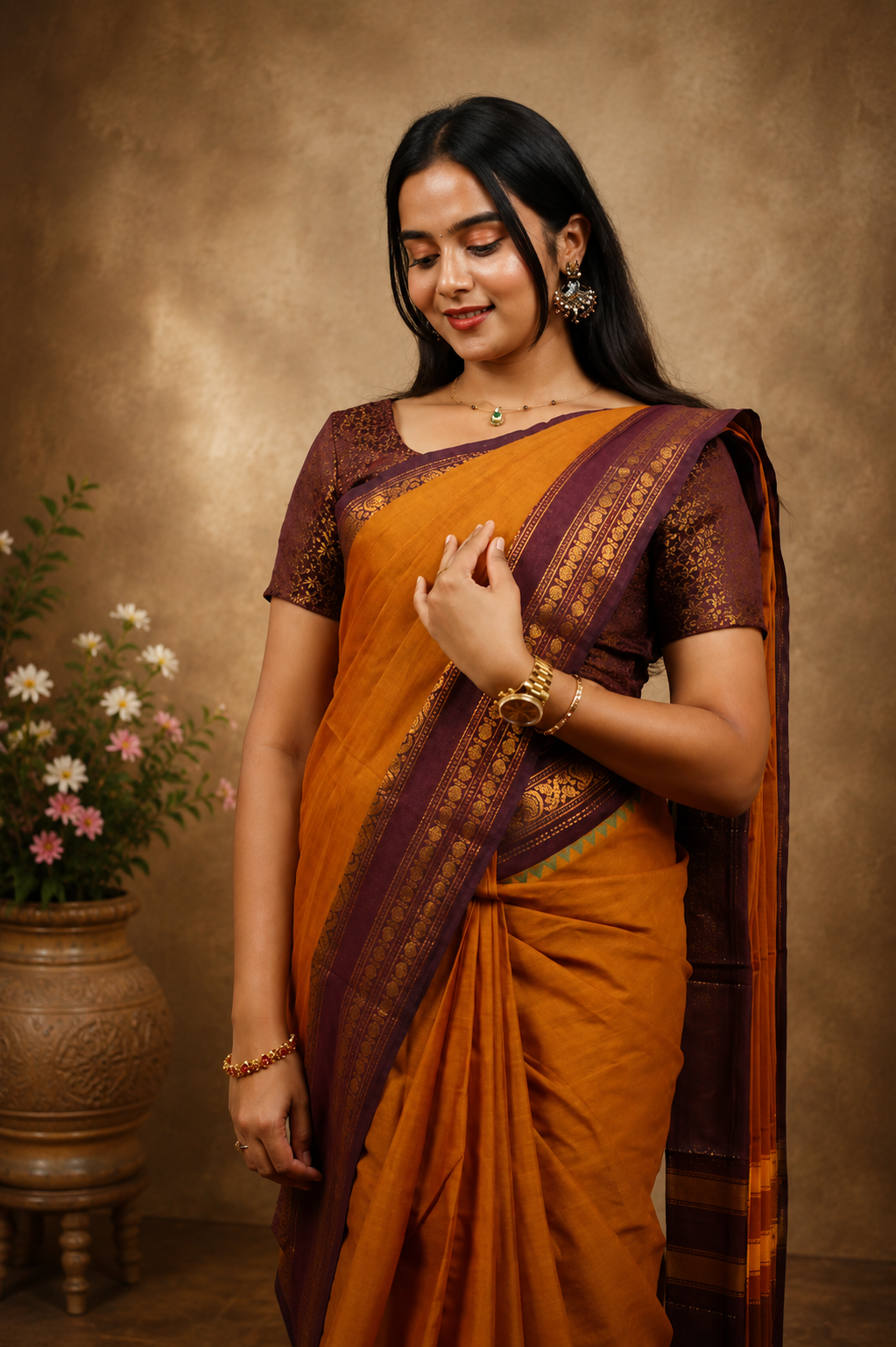 Kadal meengal Karaikudi cotton saree in golden honey with maroon border