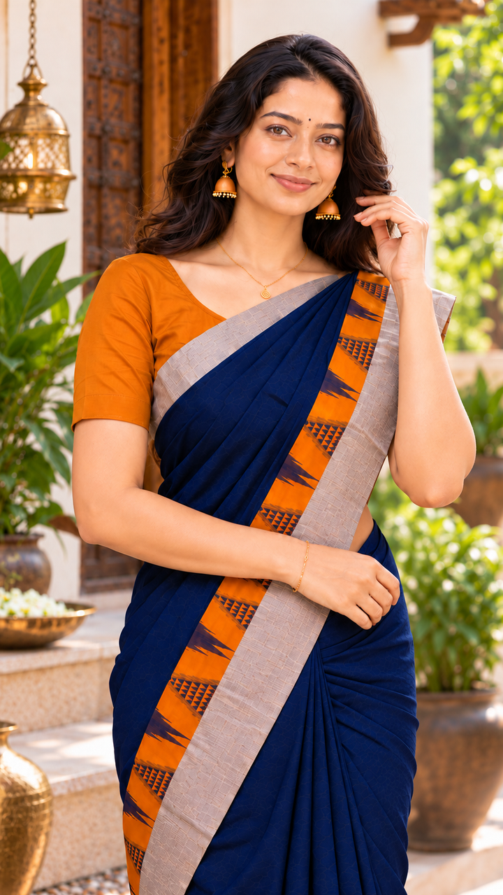 Mathi Royal Navy Blue & Rust Orange Cotton Saree with Temple Border