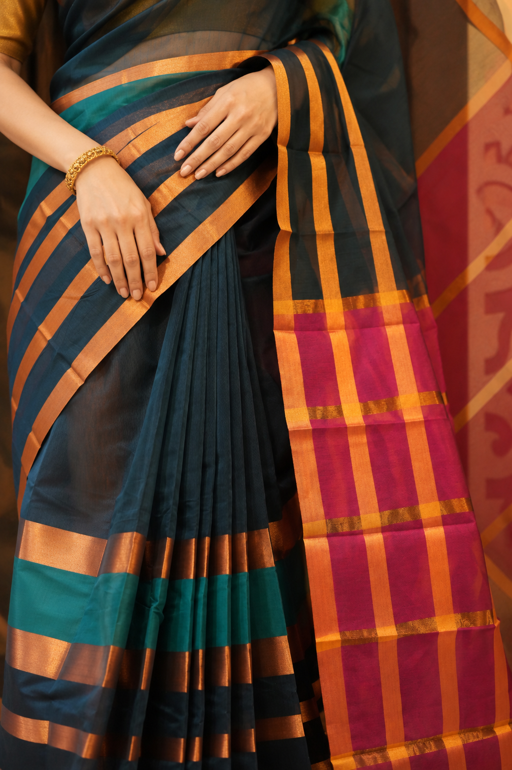 Dark teal silk cotton saree
