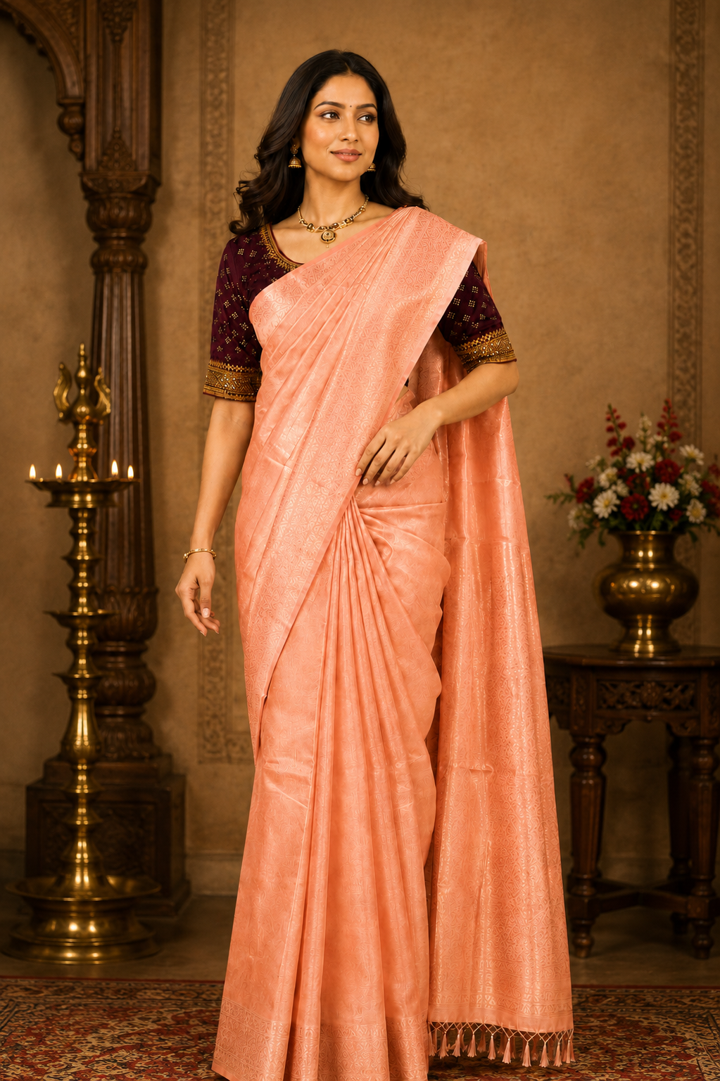 Synthetic print saree in peach