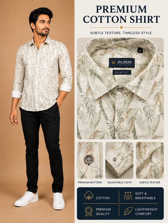 Men's full sleeve cotton shirt in beige and base green