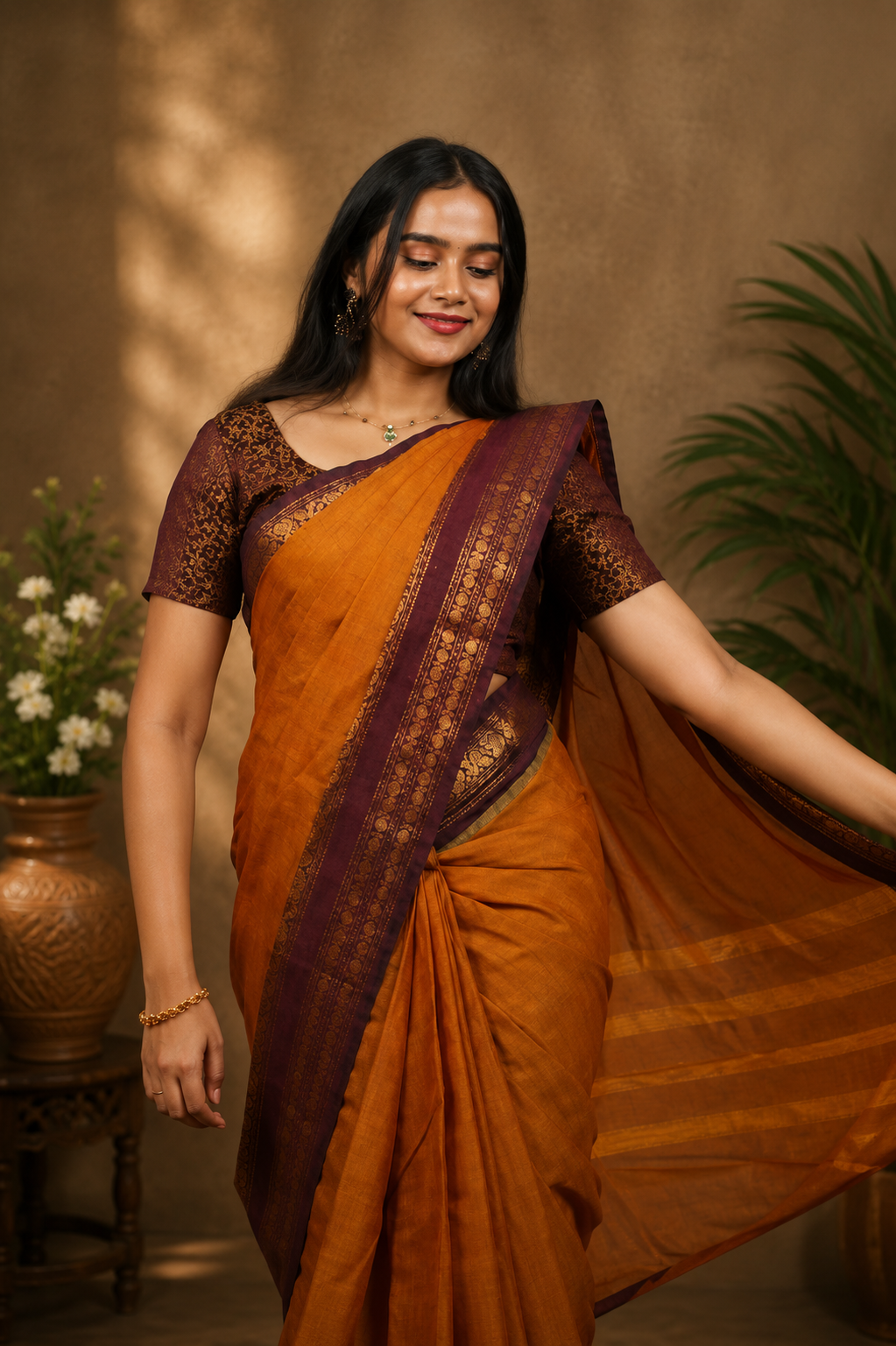 Kadal meengal Karaikudi cotton saree in golden honey with maroon border