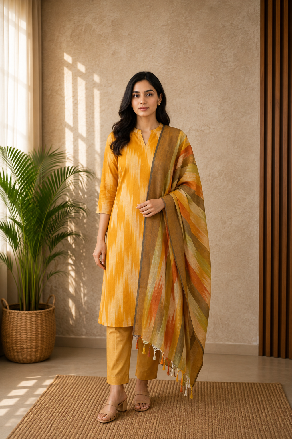 Shruti handloom cotton salwar set in mustard yellow
