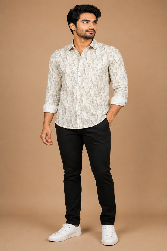 Men's full sleeve cotton shirt in beige and base green