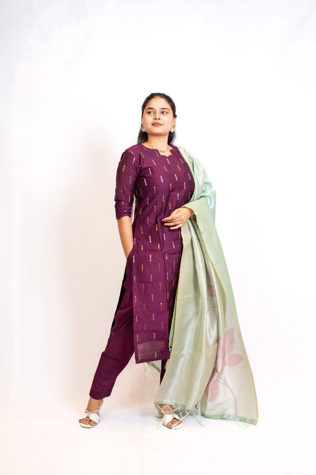 Iyalini Purple & Sage Green Dupatta Silk Cotton with Lining
