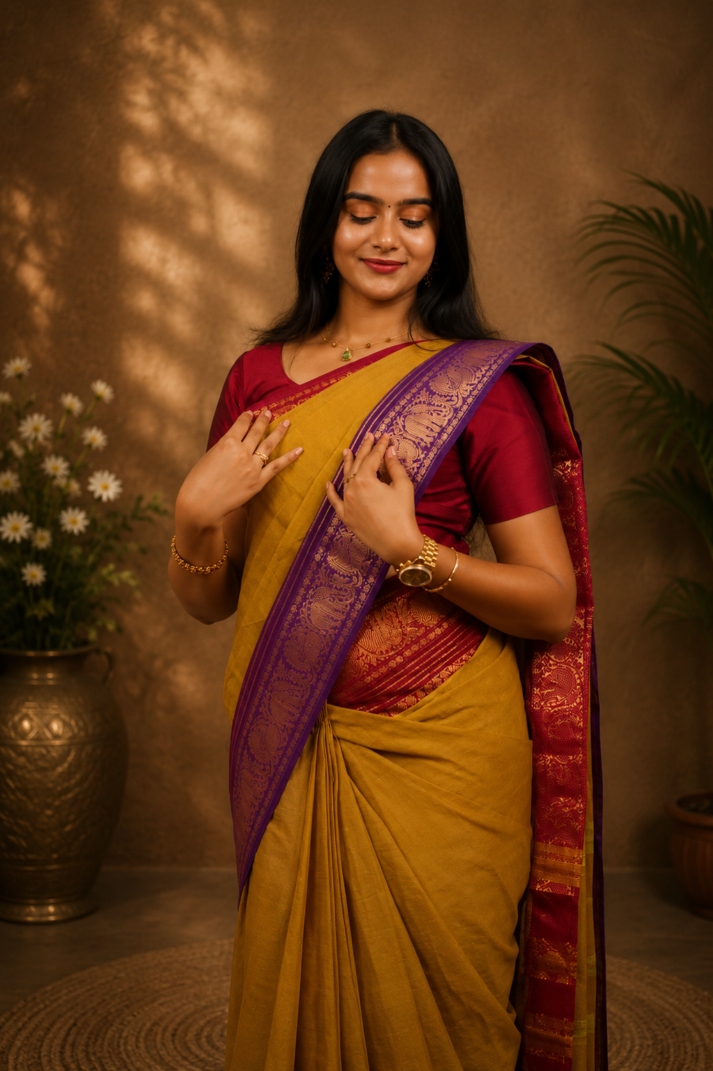 Kadal meengal Karaikudi cotton saree in amber with maroon and purple border