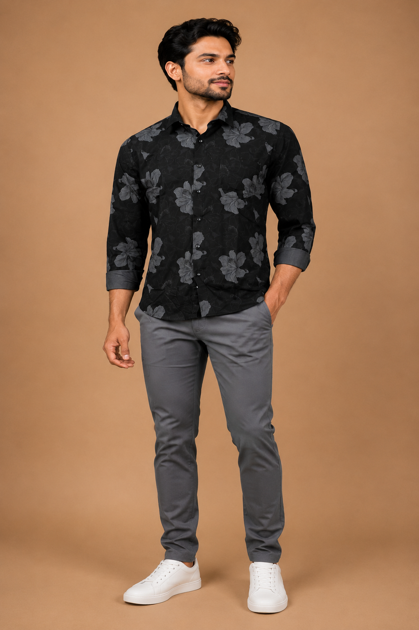 Men's full sleeve cotton shirt in black floral print