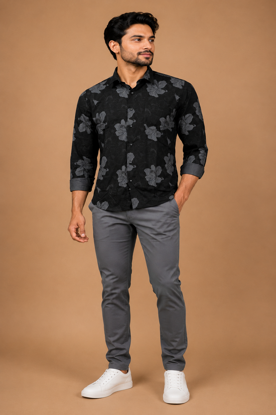 Men's full sleeve cotton shirt in black floral print