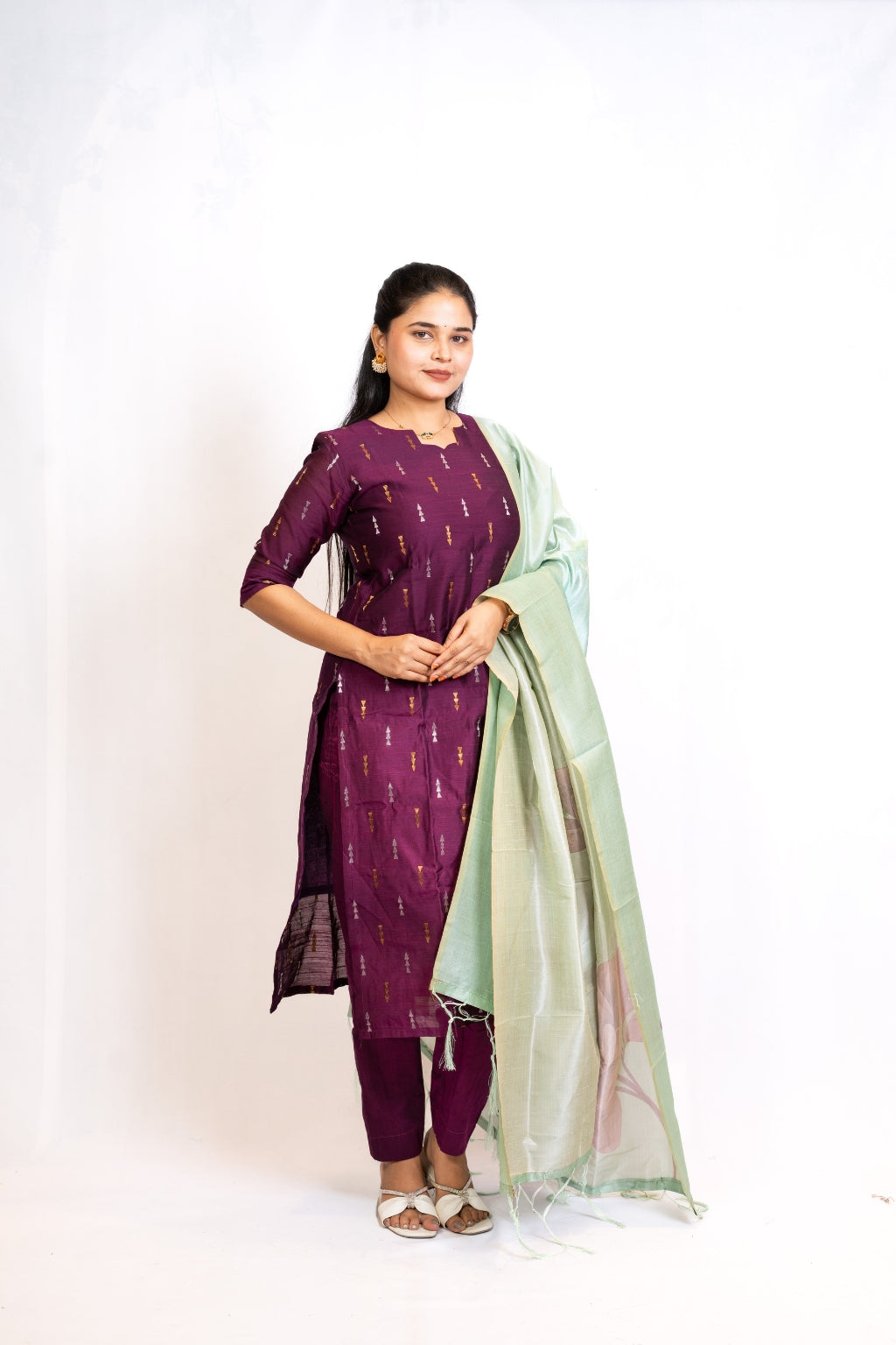 Iyalini Purple & Sage Green Dupatta Silk Cotton with Lining