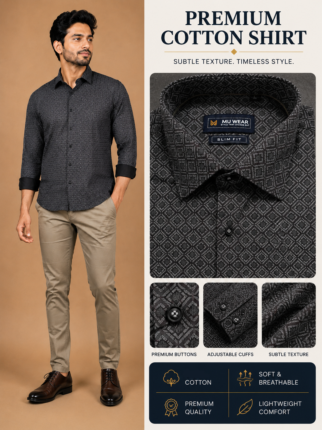 Men's full sleeve cotton shirt in Charcoal Geometric & maroon Shirt