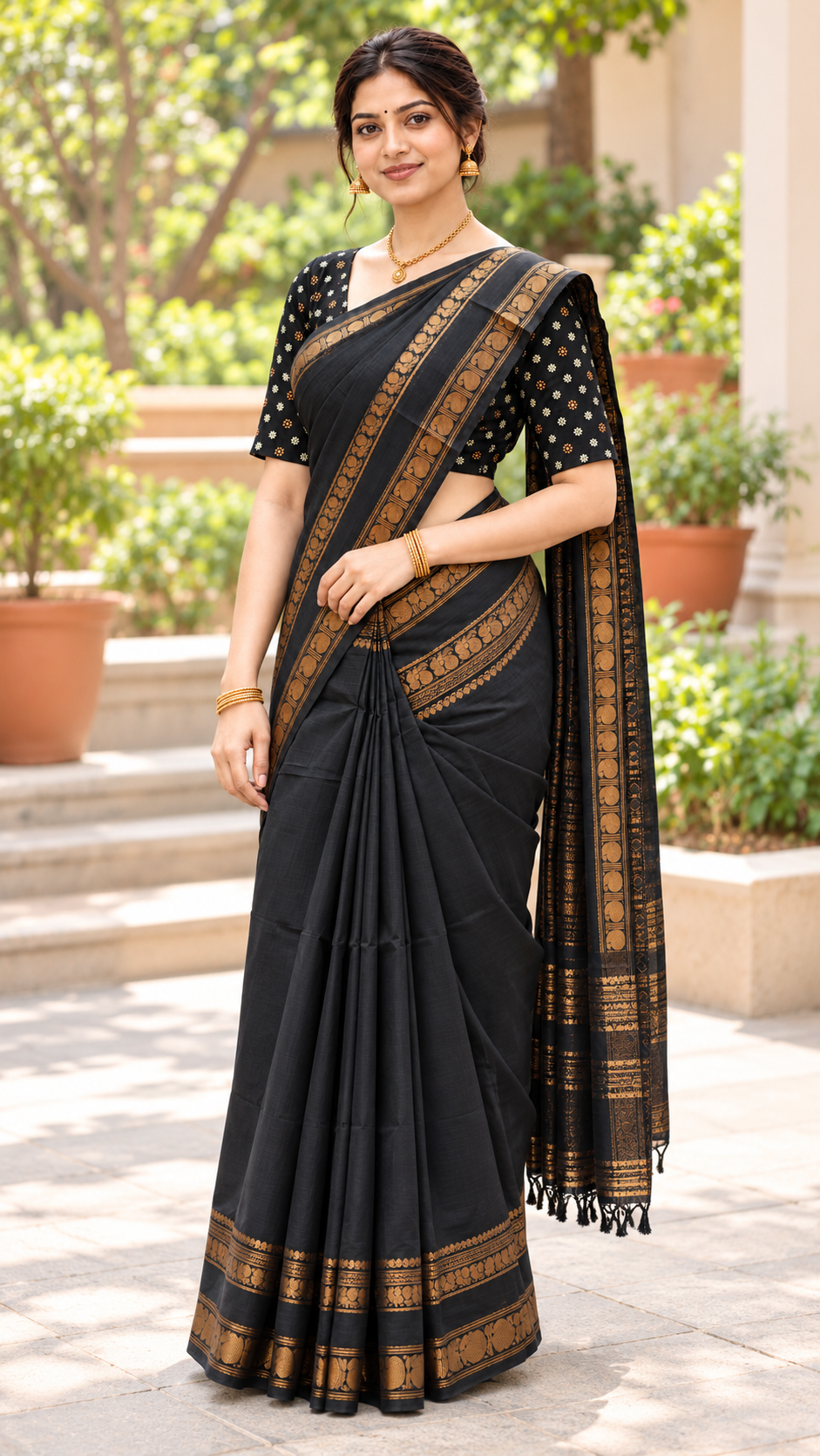 Azhagi Royal Black Cotton Saree with Annam & Mango Border