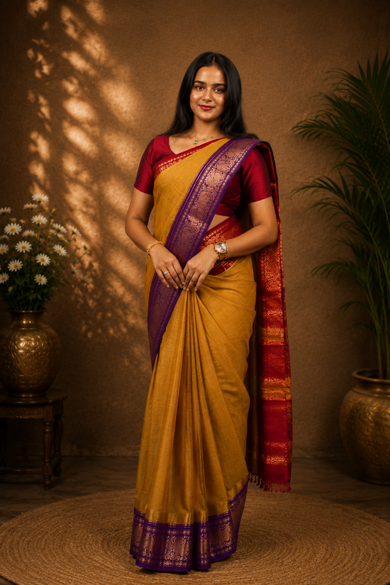 Kadal meengal Karaikudi cotton saree in amber with maroon and purple border