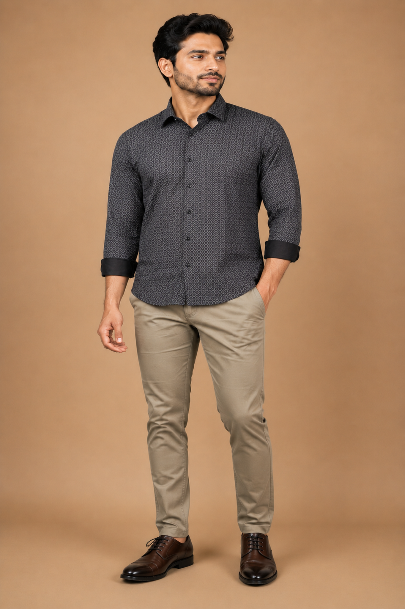 Men's full sleeve cotton shirt in Charcoal Geometric & maroon Shirt