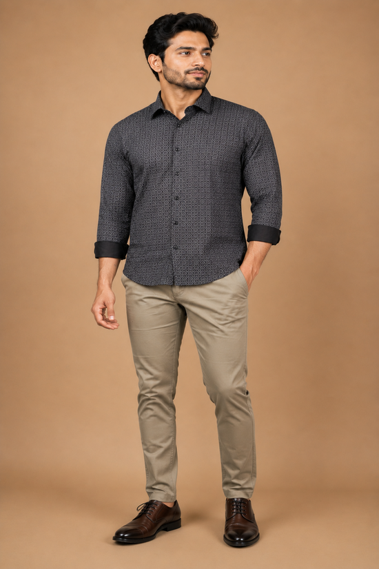 Men's full sleeve cotton shirt in Charcoal Geometric & maroon Shirt