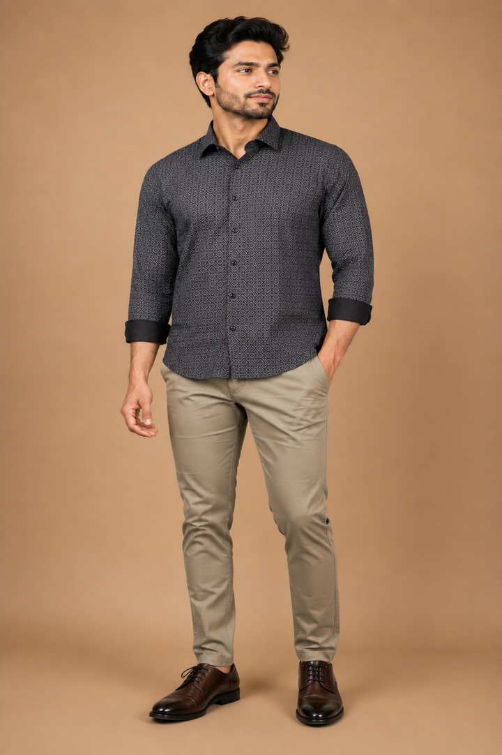 Men's full sleeve cotton shirt in Charcoal Geometric & maroon Shirt