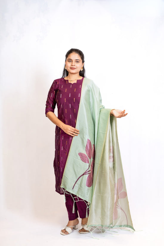 Iyalini Purple & Sage Green Dupatta Silk Cotton with Lining