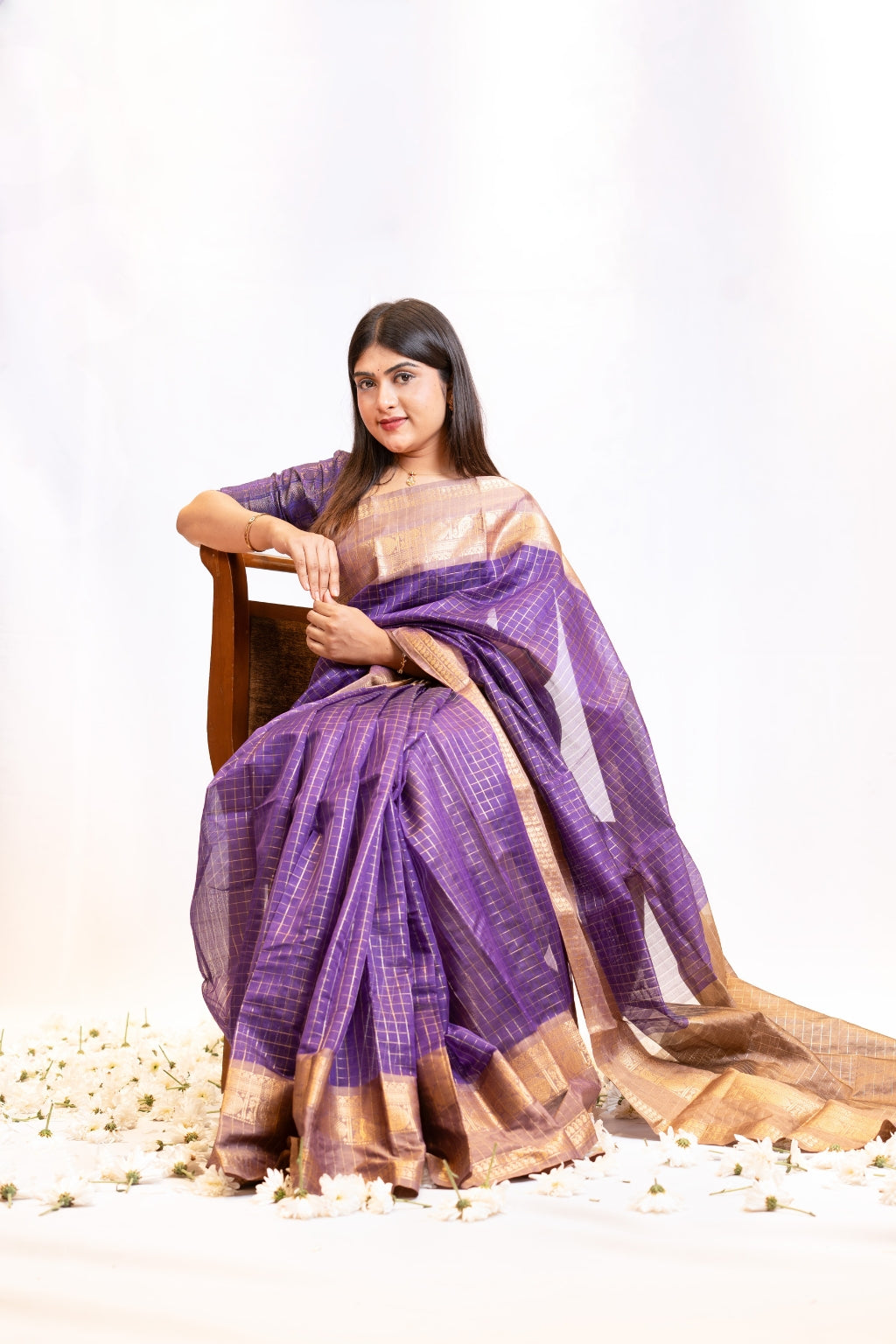 Royal Purple Silk Cotton Saree with Tan Brown Border