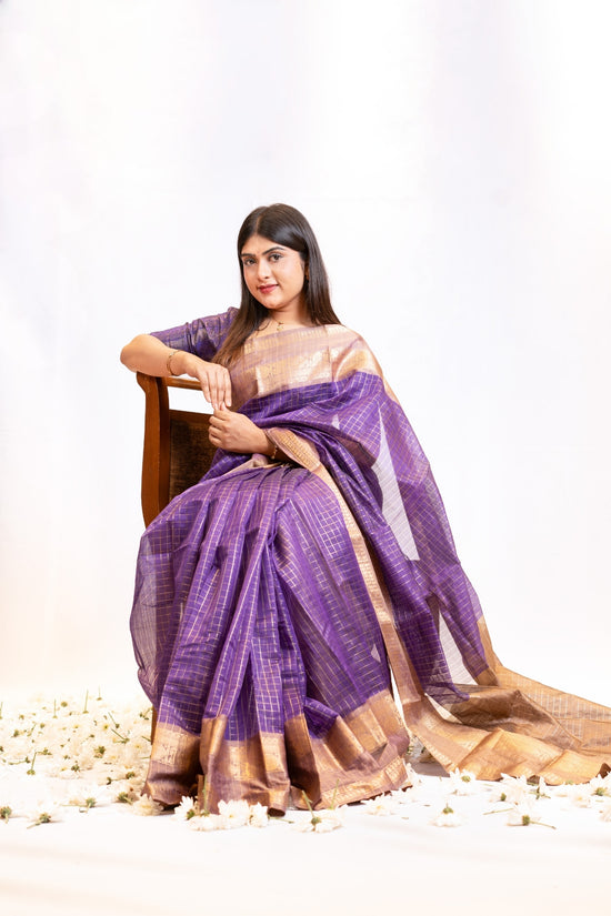 Royal Purple Silk Cotton Saree with Tan Brown Border