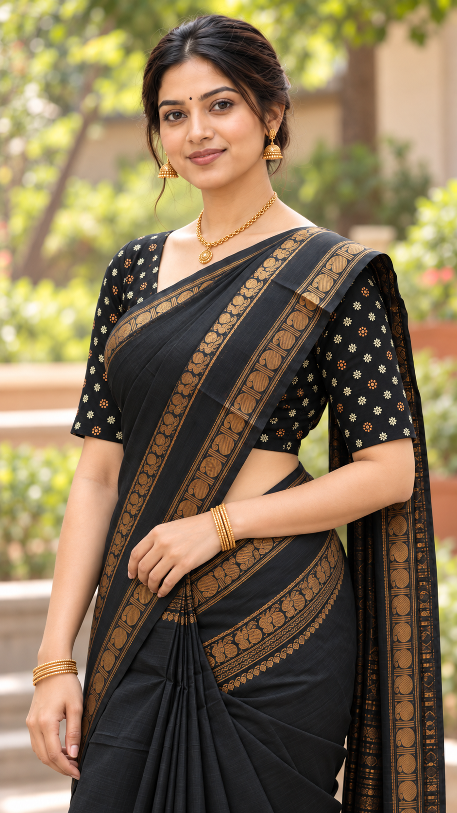 Azhagi Royal Black Cotton Saree with Annam & Mango Border