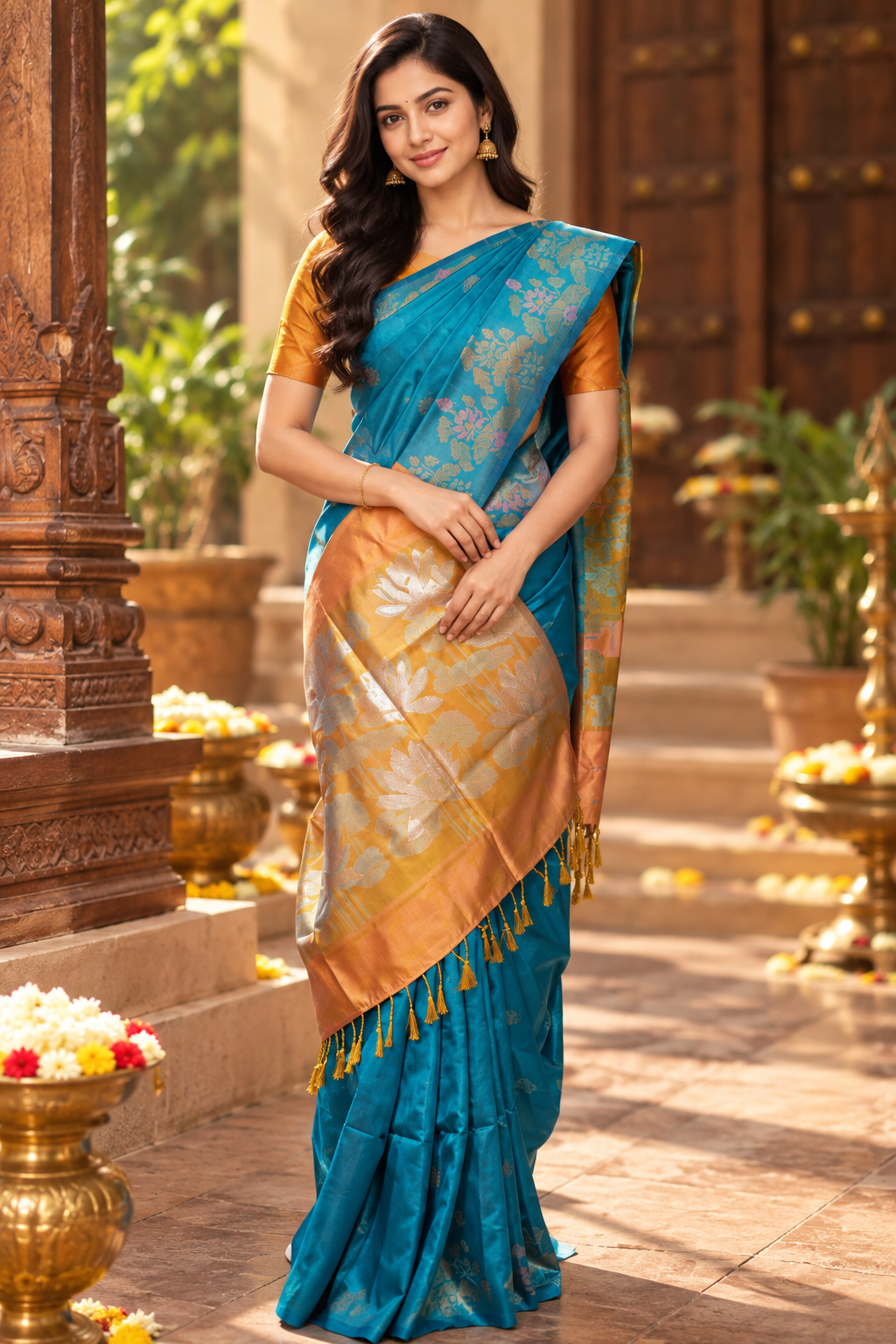 Teal and Deep Gold Lightweight Raw Silk Saree