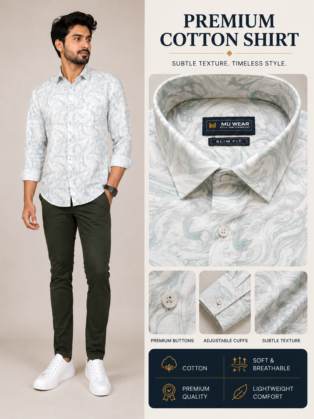 Men's full sleeve cotton shirt in light mint green