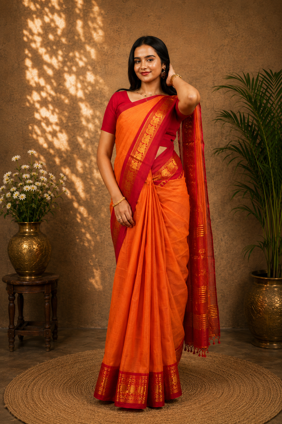 Kadal meengal Karaikudi cotton saree in orange with red border