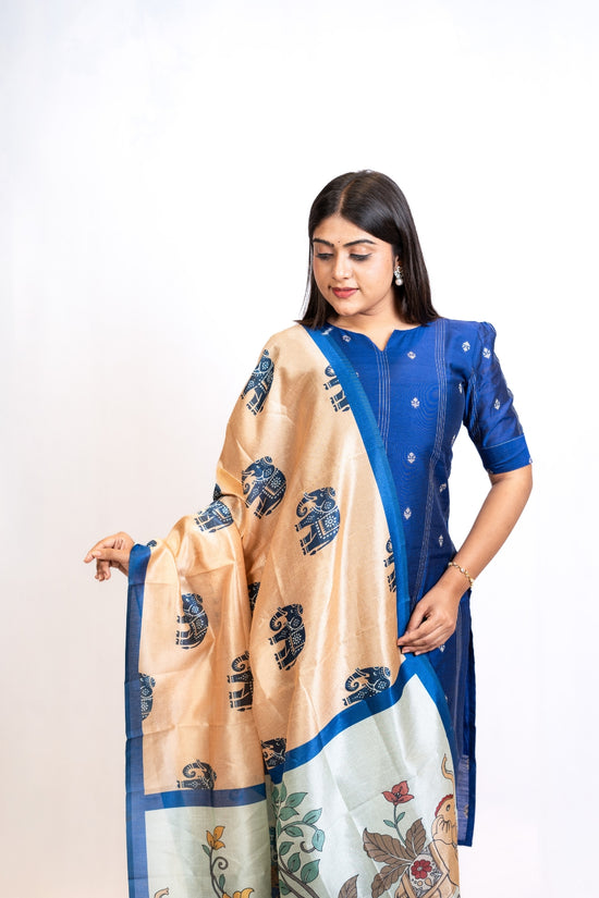 Inayal Ink Blue Top & Khaki Pant with Dupatta – Silk Cotton with Lining