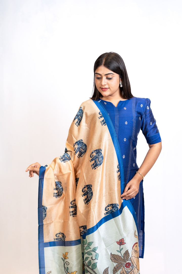 Inayal Ink Blue Top & Khaki Pant with Dupatta – Silk Cotton with Lining