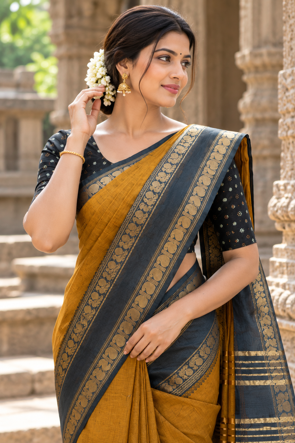 Malar Golden Honey Cotton Saree with Black Annam & Mango Border