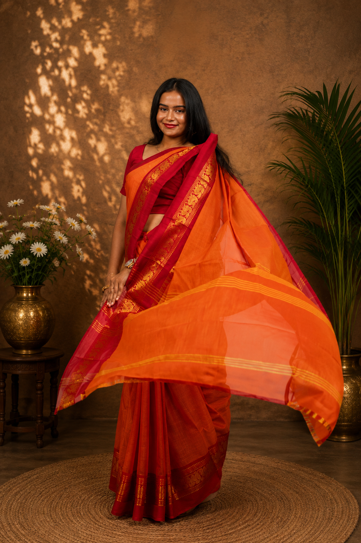Kadal meengal Karaikudi cotton saree in orange with red border