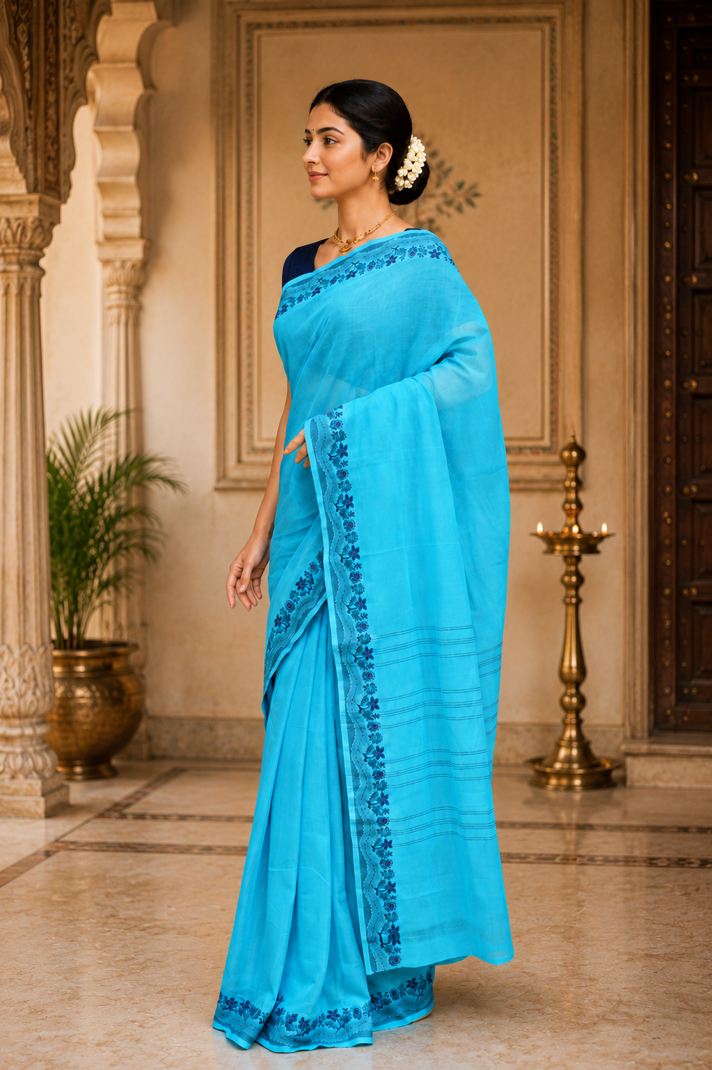 Kadal meengal Cotton saree in light blue ( Own weaving)