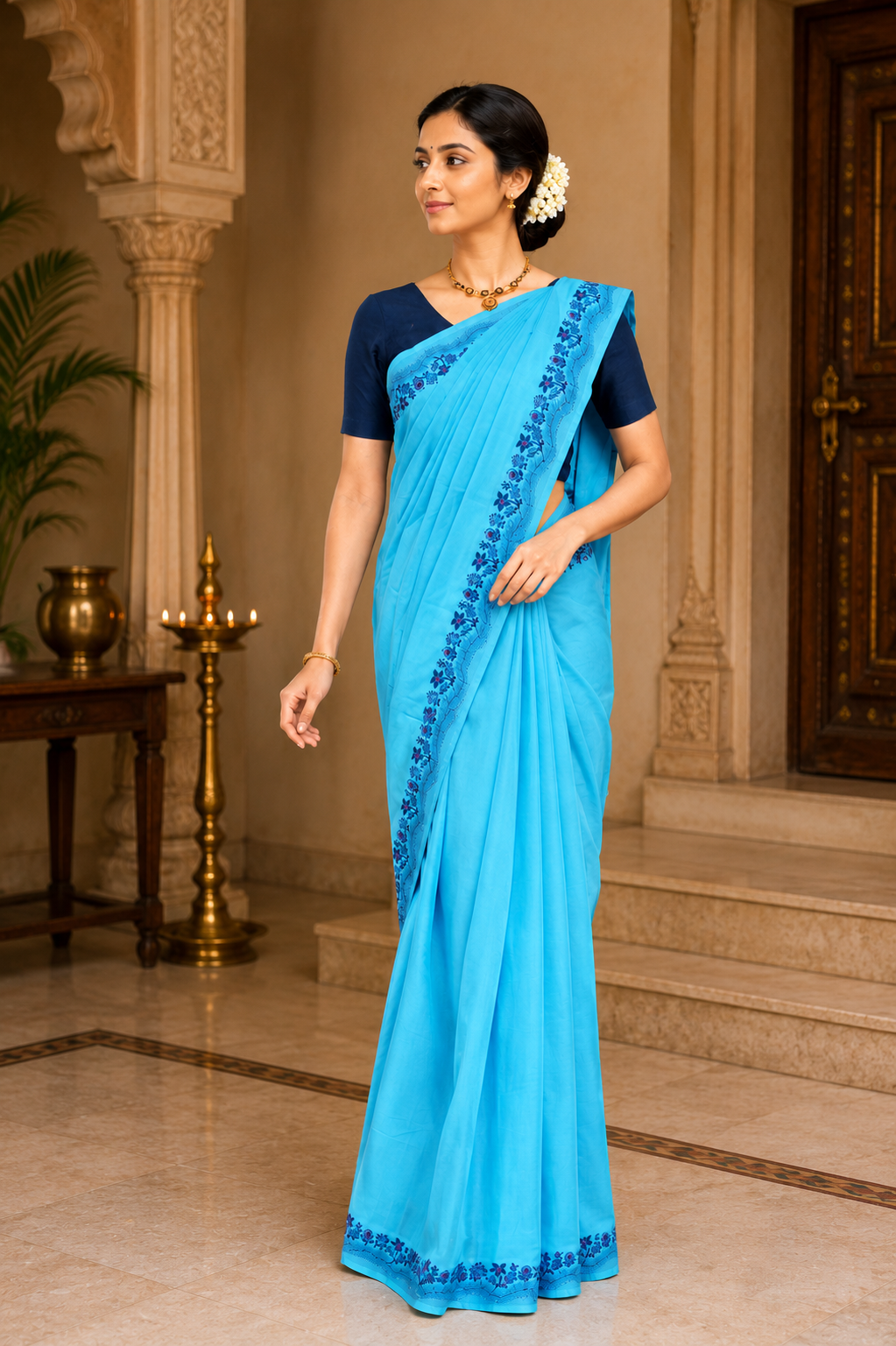 Kadal meengal Cotton saree in light blue ( Own weaving)