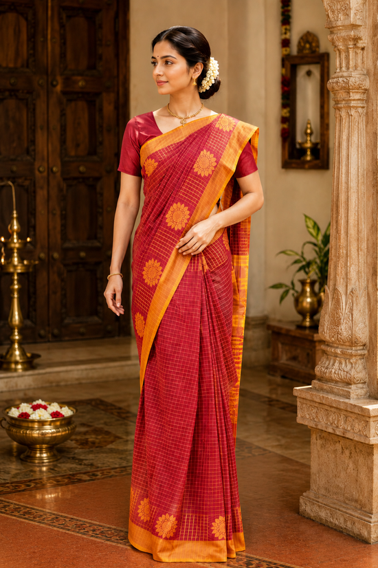 Kadal meengal Cotton saree in red and deep maroon (Own weaving)