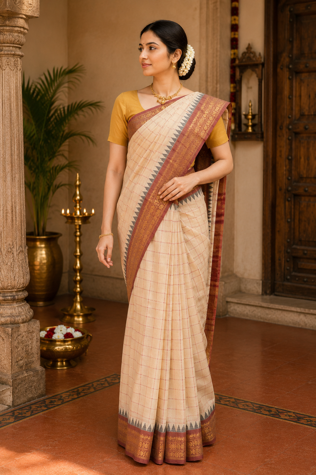 Kadal meengal Cotton saree in soft cream (Own weaving)
