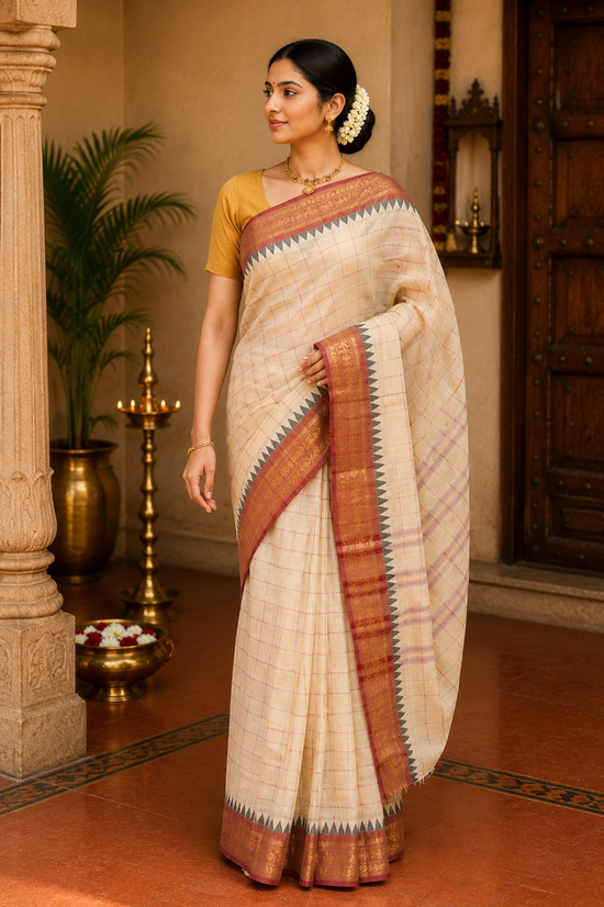 Kadal meengal Cotton saree in soft cream (Own weaving)