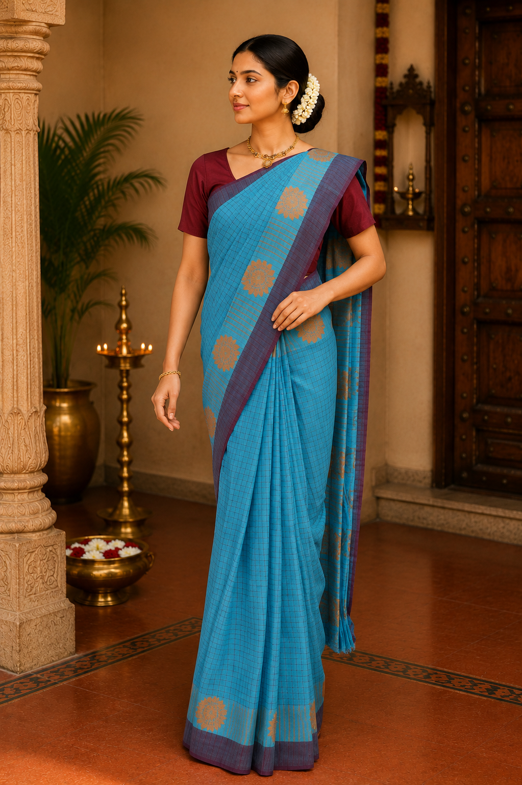 Kadal meengal Cotton saree in sky blue (Own weaving)