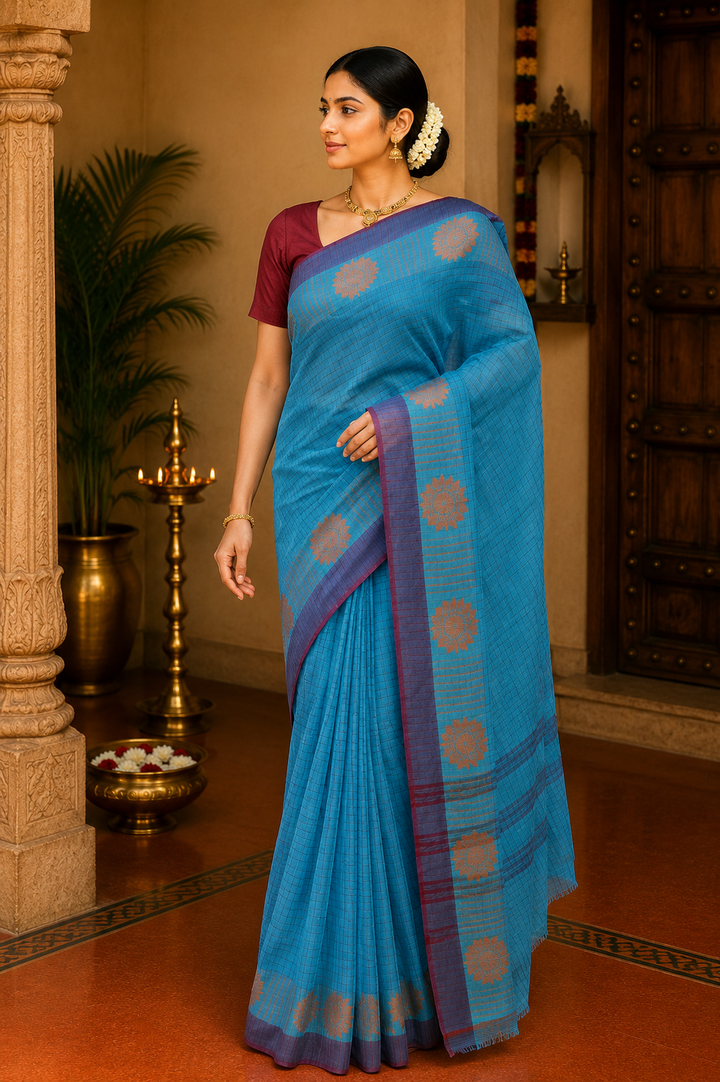 Kadal meengal Cotton saree in sky blue (Own weaving)
