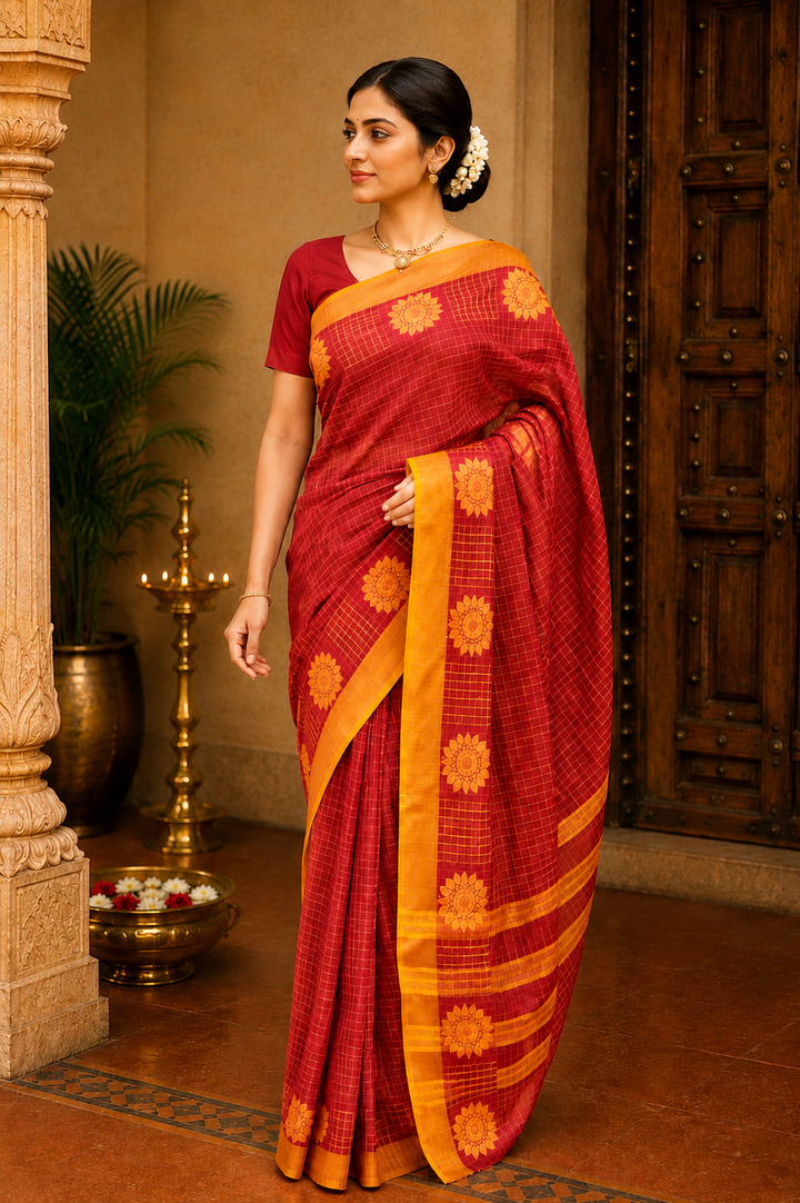 Kadal meengal Cotton saree in red and deep maroon (Own weaving)